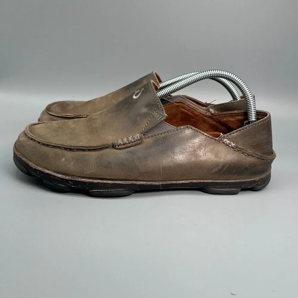 Olukai Moloa Men's 8.5 Brown Leather Casual Shoes Slip-On Low Top Sneakers
